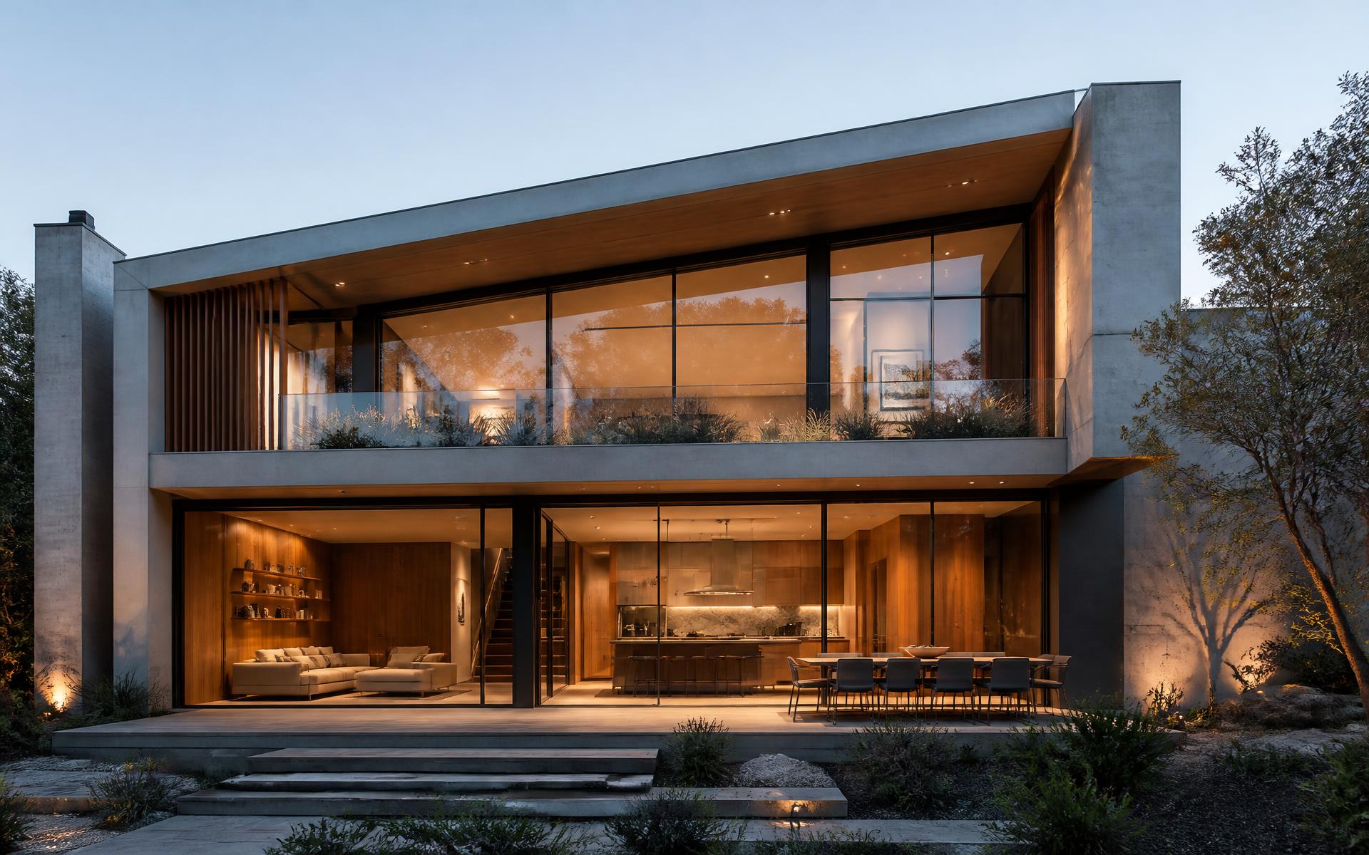 Vivienda contemporánea con grandes ventanales al atardecer
